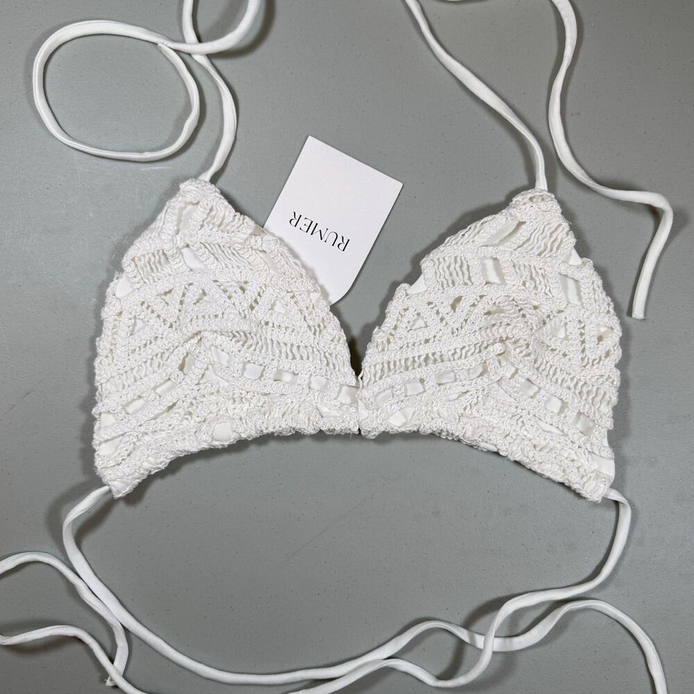 RUMER White Crochet Bikini Top Medium Triangle Swimwear Festival NWT Boho Tie XL